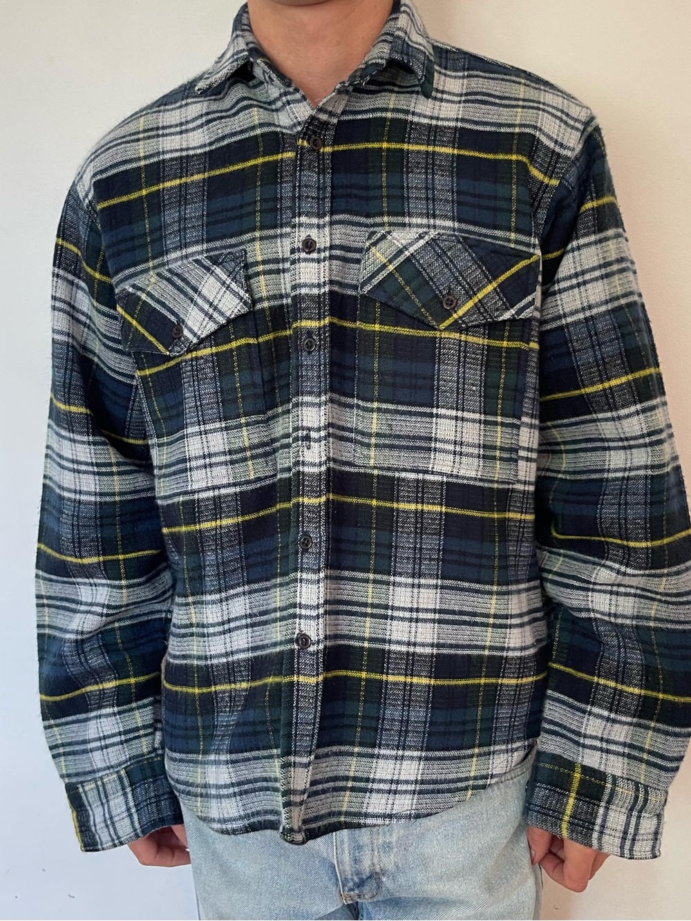 Vintage Navy, White & Yellow Plaid Flannel Jacket
